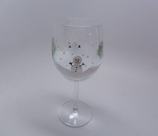 Hand Painted Wine Glasses -  15 oz Christmas Holiday Snowman with trees Great Gift