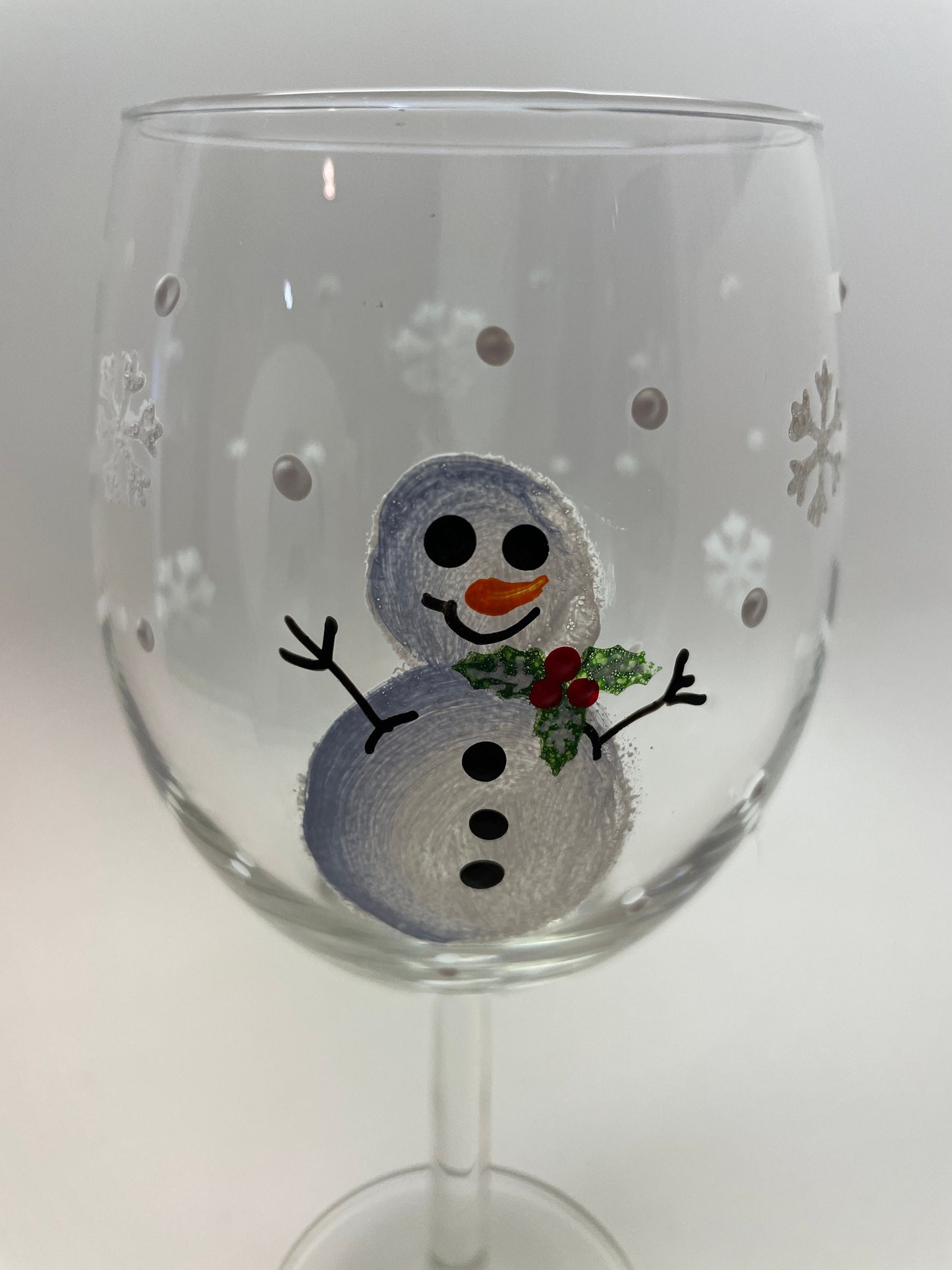 Snowman with holly hand painted wine glass 15 oz Glass