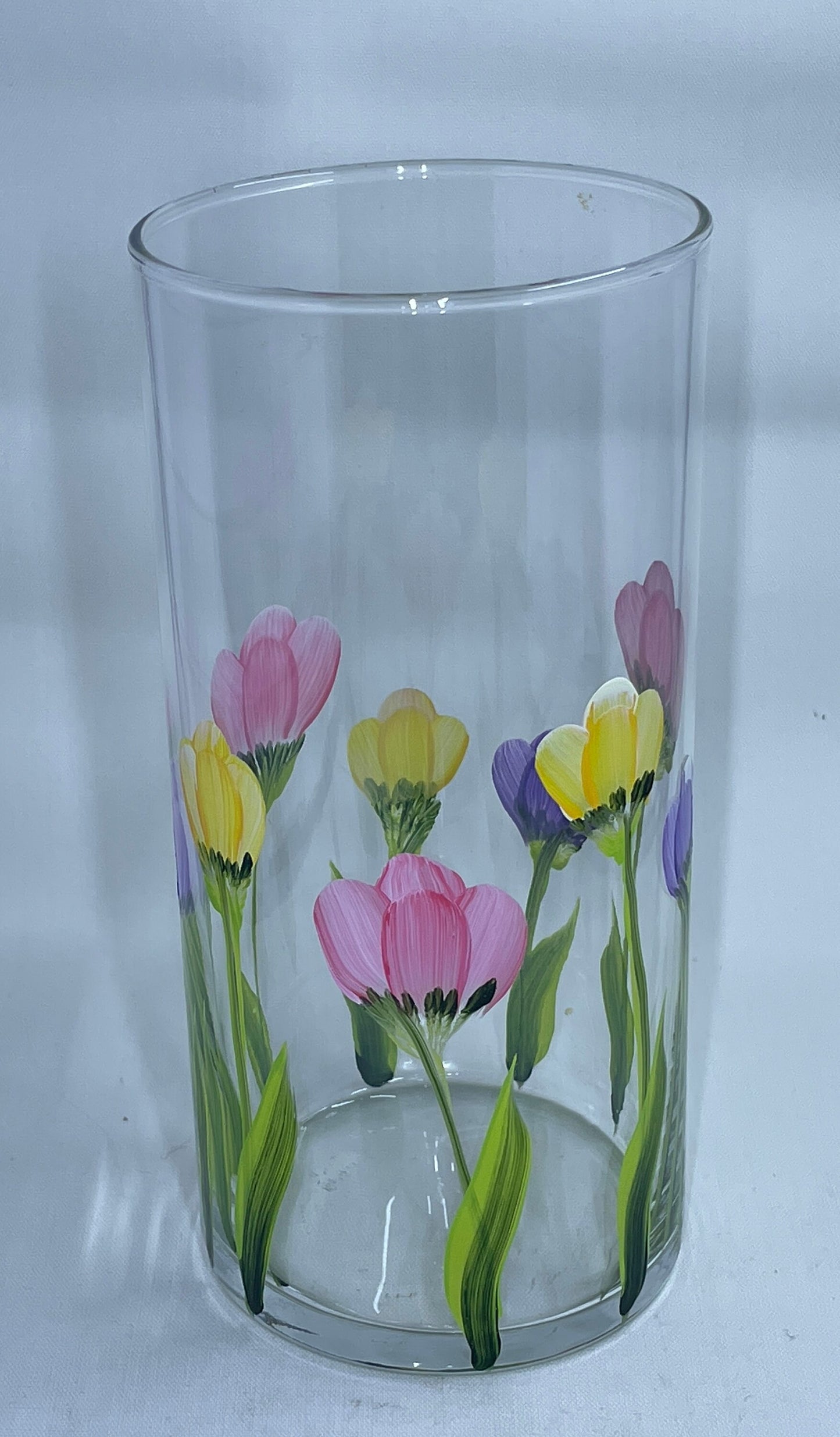 Hand painted Spring Vase with Pink, Purple and Yellow Tulips