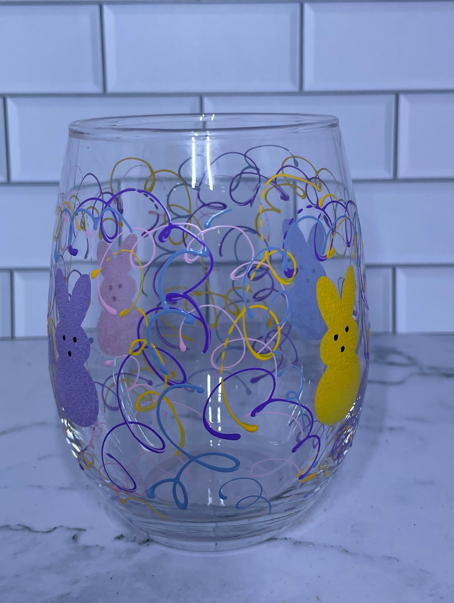 Easter Bunny Wine Glass hand painted in stemmed or stemless spring colors