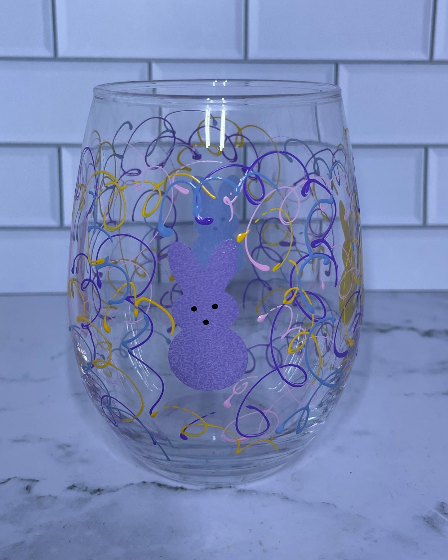 Easter Bunny Wine Glass hand painted in stemmed or stemless spring colors