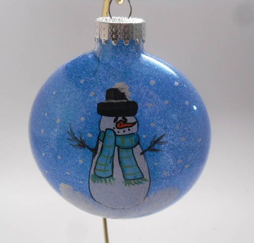 Hand Painted Christmas Ornament with Snowman blue Glitter inside Free Personalization.