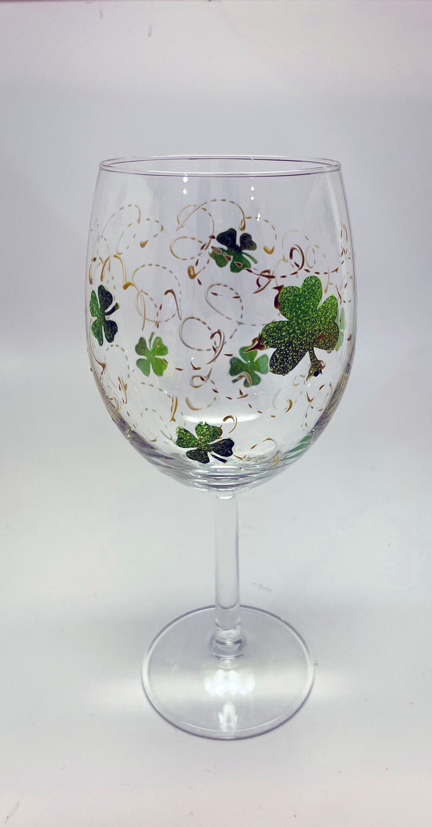 St. Patricks Day Clovers and Gold Swirls hand painted personalized wine glasses