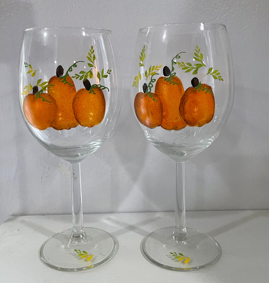 Three Pumpkin Hand Painted Wine  15 oz. stemmed wine glass