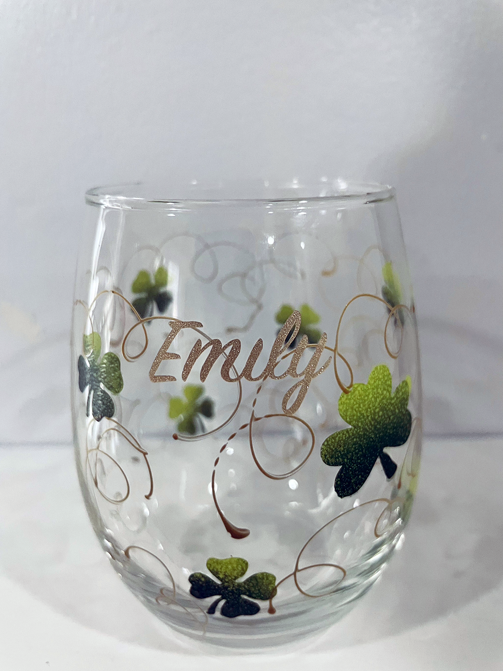 St. Patricks Day Clovers and Gold Swirls hand painted personalized wine glasses