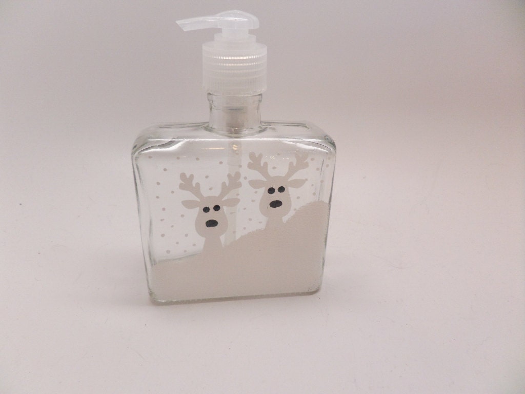 Hand Painted Soap, Lotion or Hand Sanitizer dispenser with Reindeer in the snow