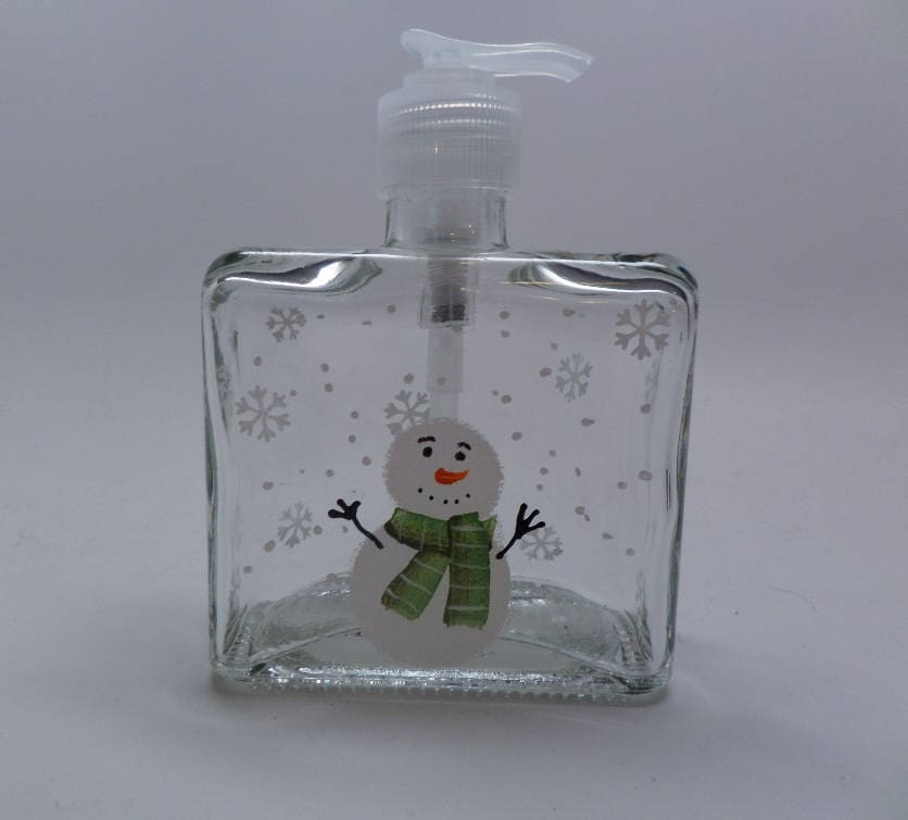 Hand painted Snowman with Green Scarf Soap, Lotion or Hand Sanitizer Dispenser