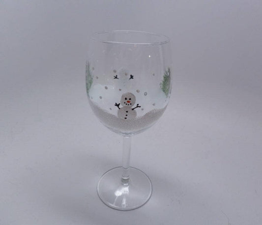 Snowman Wine Glasses 15 oz Christmas Holiday Snowman with trees Great Gift hand painted