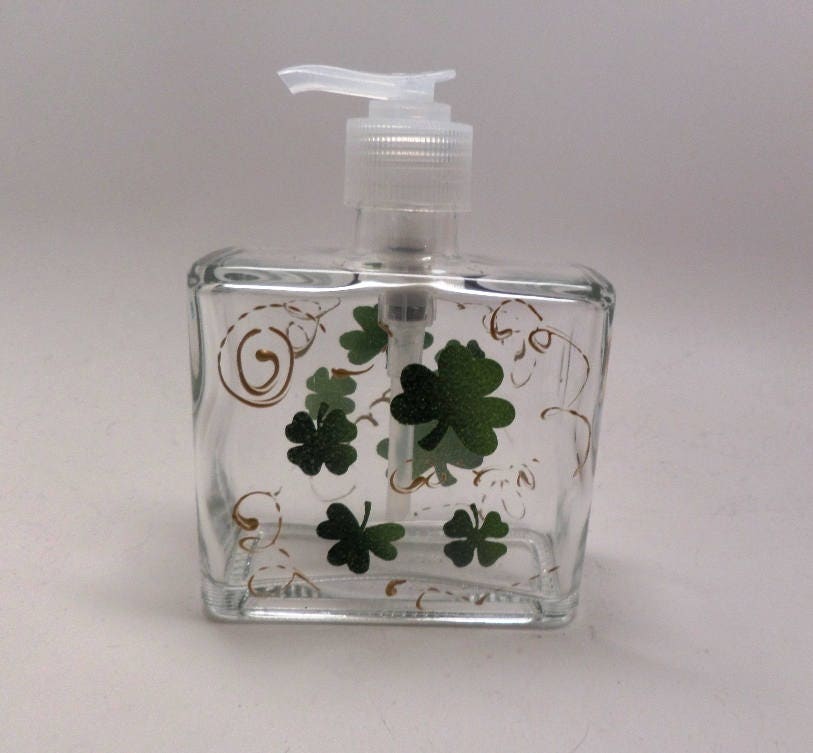 St. Patrick's Day Soap or Lotion Dispenser with Green Clover and Golden Swirls hand painted choose from plastic or stainless steel pump