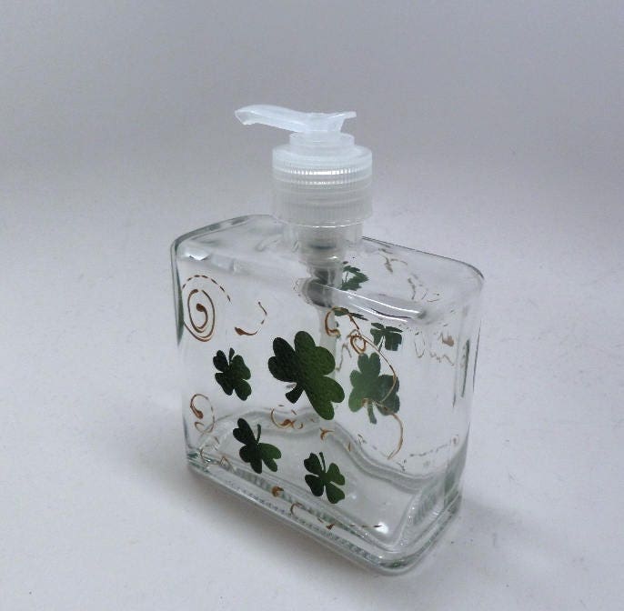 St. Patrick's Day Soap or Lotion Dispenser with Green Clover and Golden Swirls hand painted choose from plastic or stainless steel pump