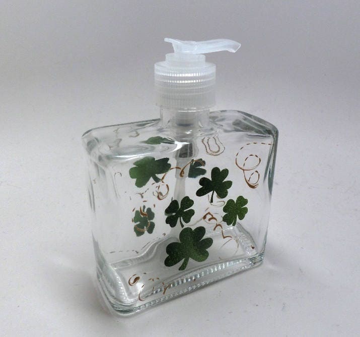 St. Patrick's Day Soap or Lotion Dispenser with Green Clover and Golden Swirls hand painted choose from plastic or stainless steel pump