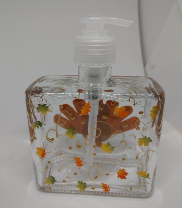 Hand painted Turkey Soap or Lotion Dispenser for Thanksgiving with Cute Turkey and Fall Leaves