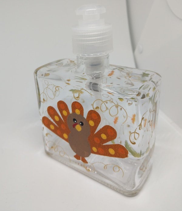 Hand painted Turkey Soap or Lotion Dispenser for Thanksgiving with Cute Turkey and Fall Leaves