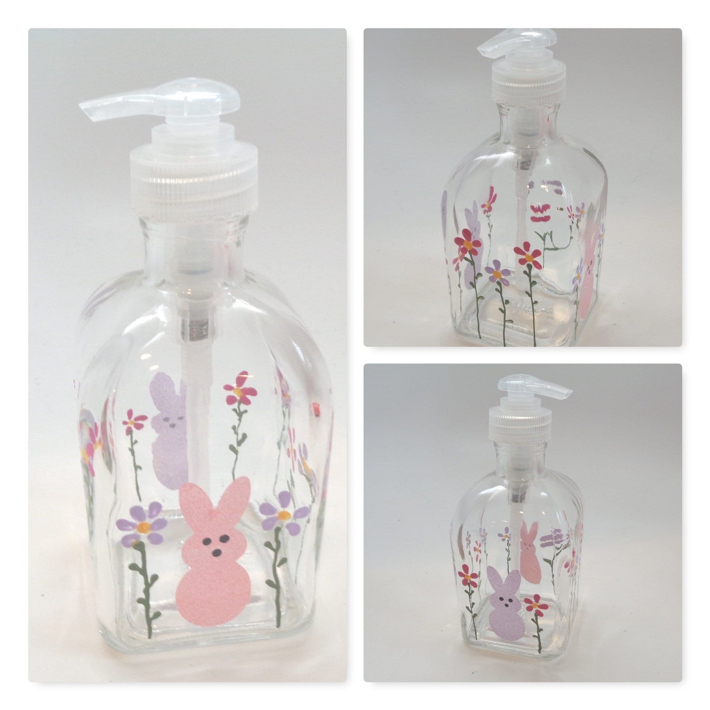 Hand Painted Spring Soap Dispenser for Easter with bunnies and flowers