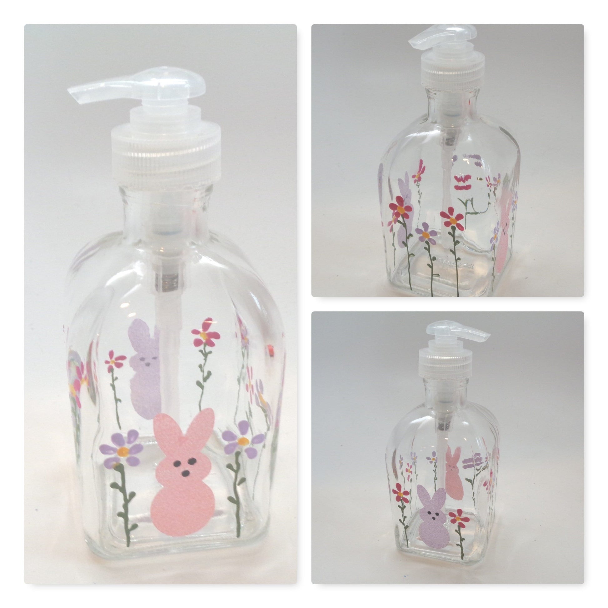 Hand Painted Spring Soap Dispenser for Easter with bunnies and flowers