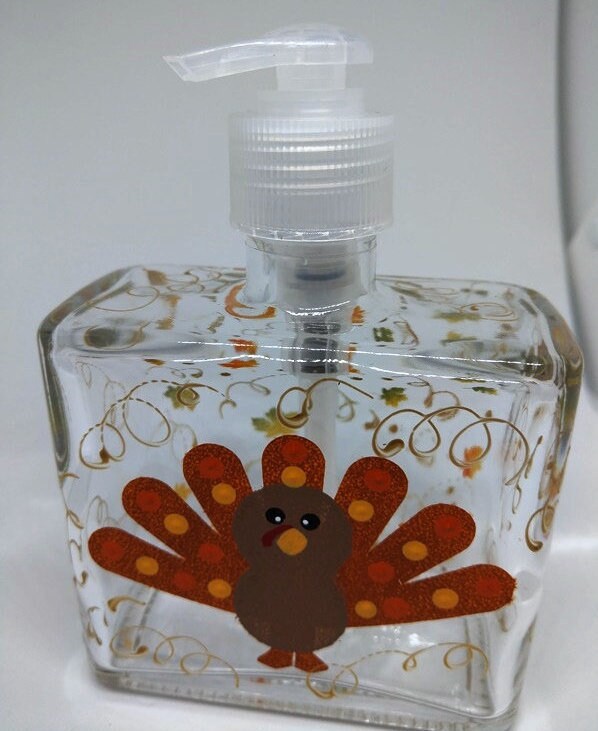 Hand painted Turkey Soap or Lotion Dispenser for Thanksgiving with Cute Turkey and Fall Leaves