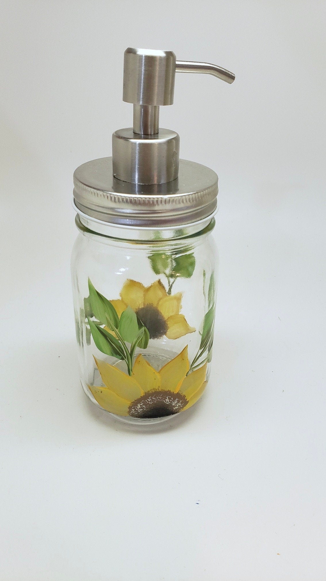 Hand painted Mason Jar Soap, Lotion or soap Dispenser with Sunflowers Choice of Stainless Steel or Foaming Pump