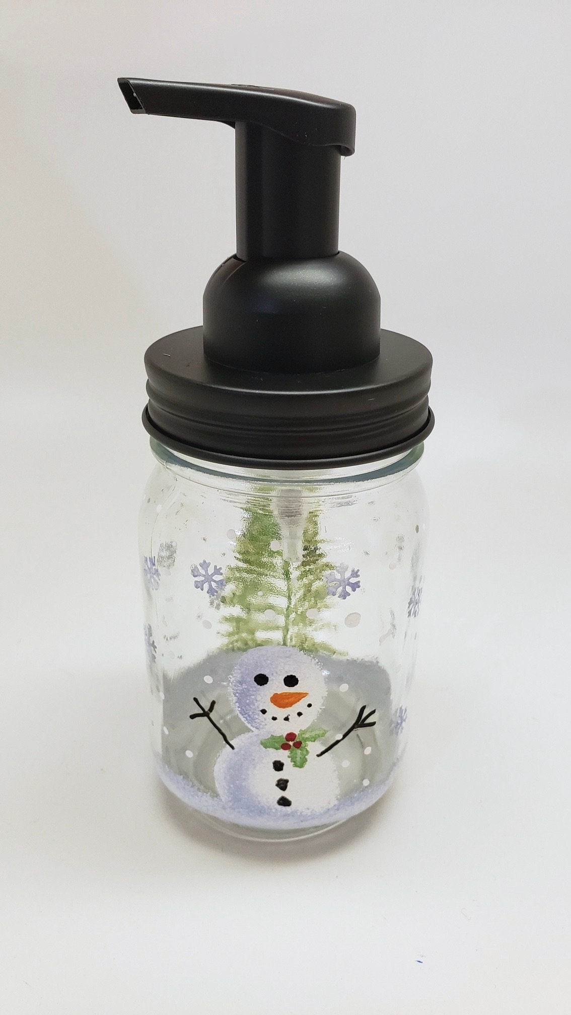 Hand painted Snowman Mason Jar Soap, Lotion or Hand Sanitizer Dispenser your Choice of Plastic, Stainless Steel, or Foaming pump