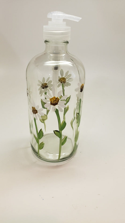 Hand painted 16 oz Daisy Soap, Lotion or hand sanatizer Dispenser your Choice of pump