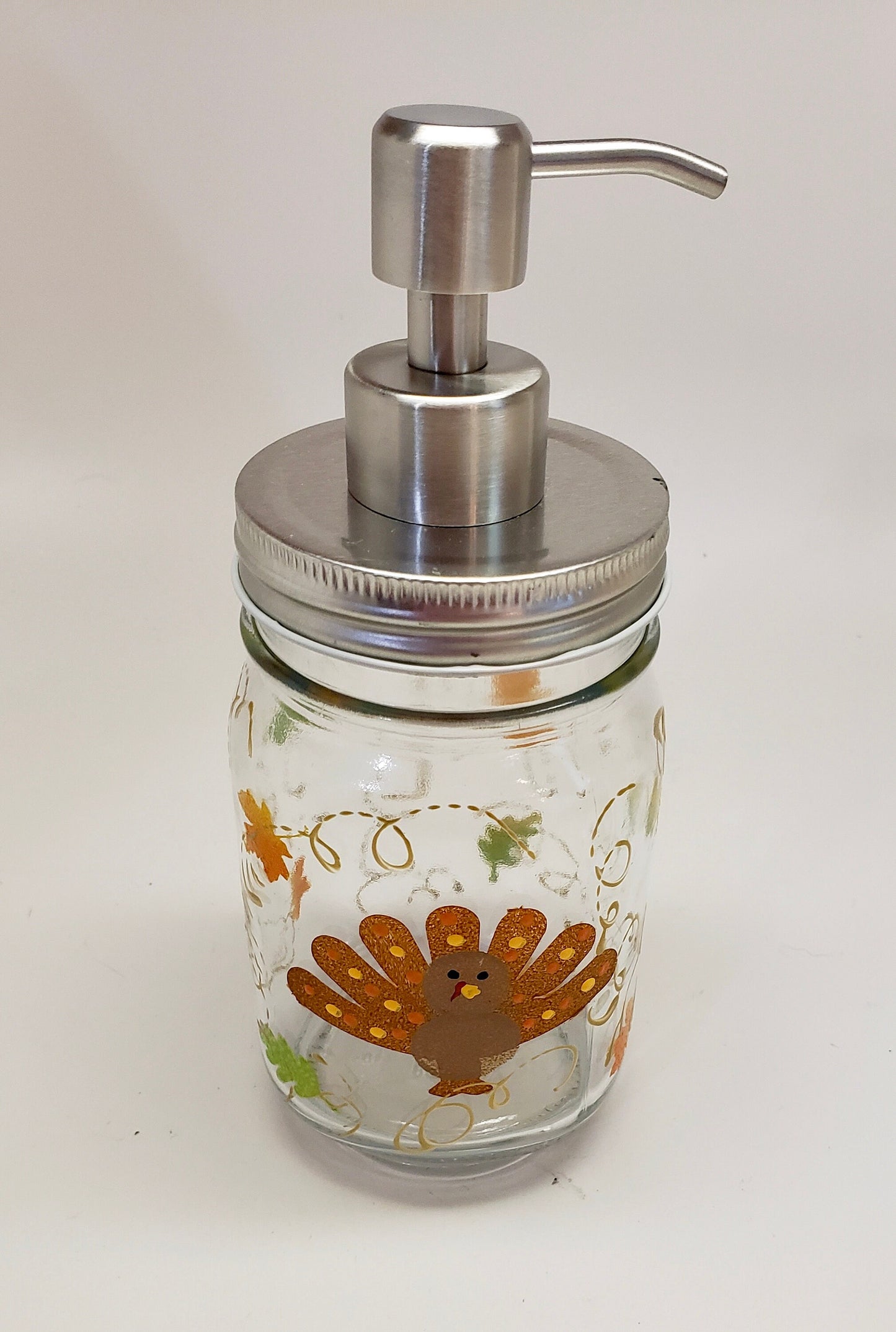 Hand painted Mason Jar Soap, Lotion or Hand Sanitizer Dispenser with Cute Turkey and fall leaves