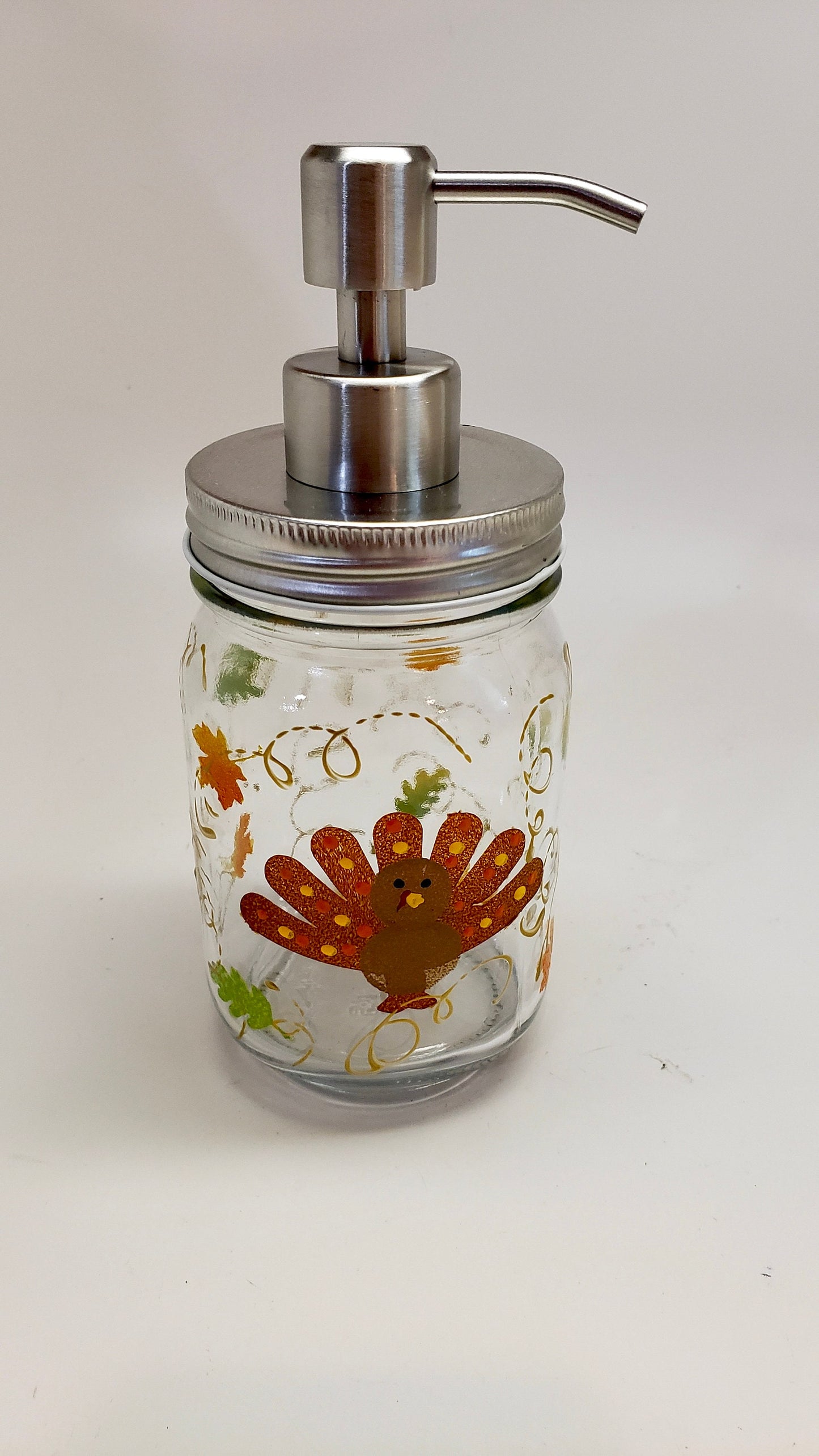 Hand painted Mason Jar Soap, Lotion or Hand Sanitizer Dispenser with Cute Turkey and fall leaves