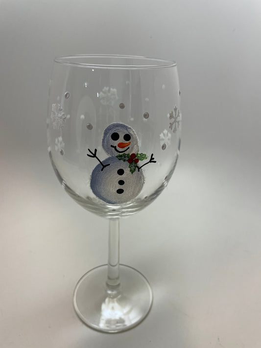 Wine Glass Hand Painted Snowman with holly, stemmed wine glass, stemless wine glass, house warming gift, Holiday decor, Christmas Decor