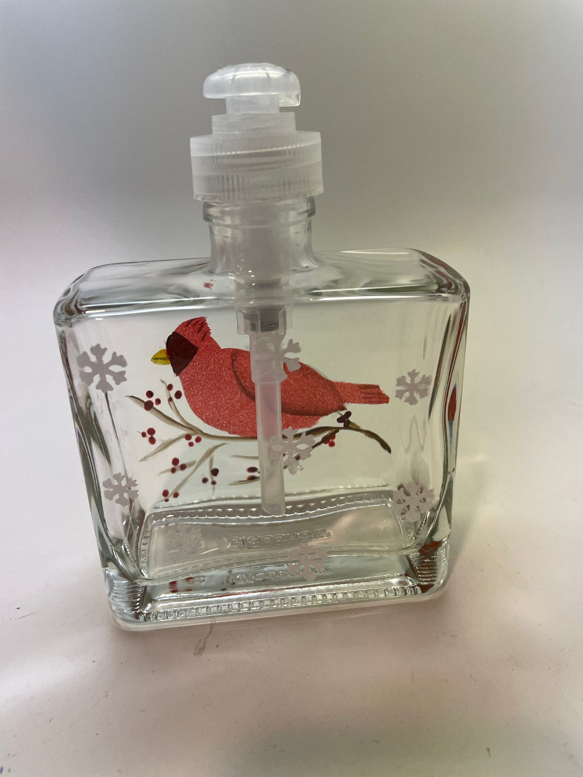 Hand Painted winter Cardinal Soap dispenser