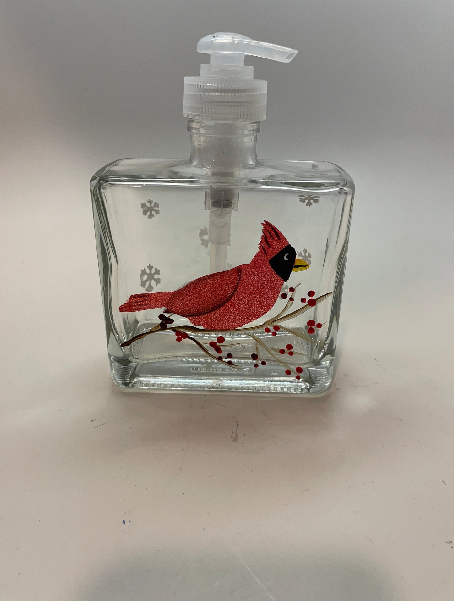 Hand Painted winter Cardinal Soap dispenser