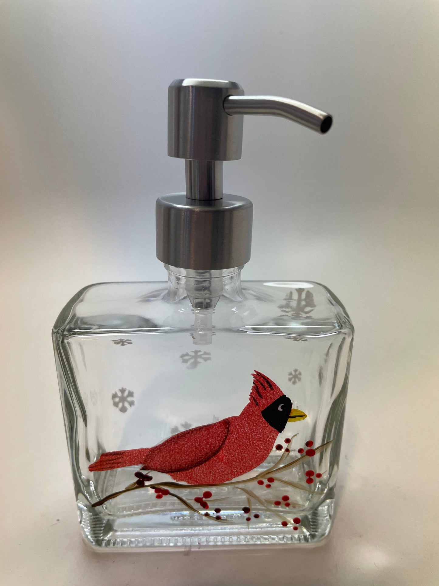 Hand Painted winter Cardinal Soap dispenser