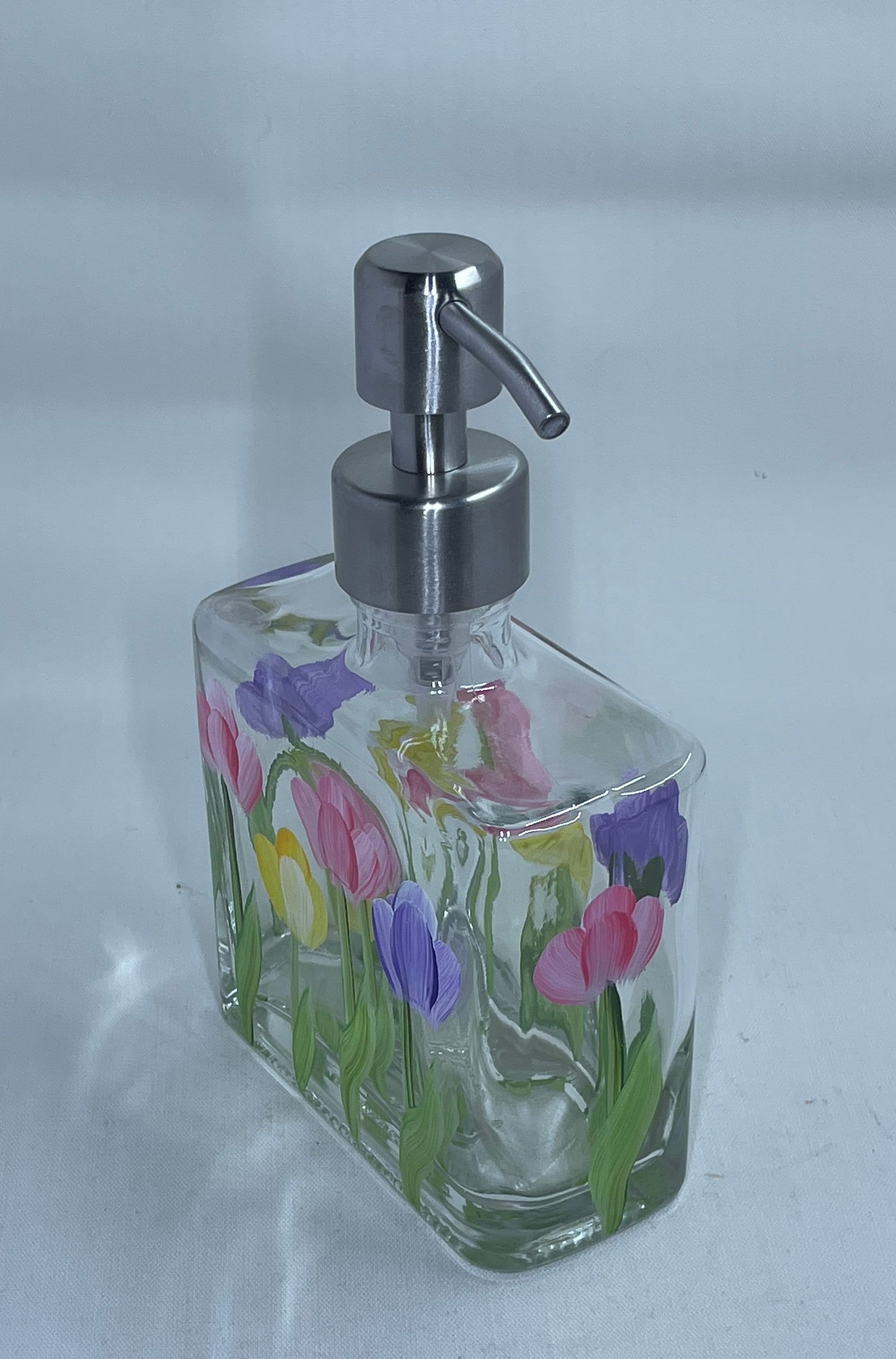 Tulips Soap Dispenser Hand Painted with Pink, Purple and Yellow flowers Hand Painted Stainless Steel or Plastic pump