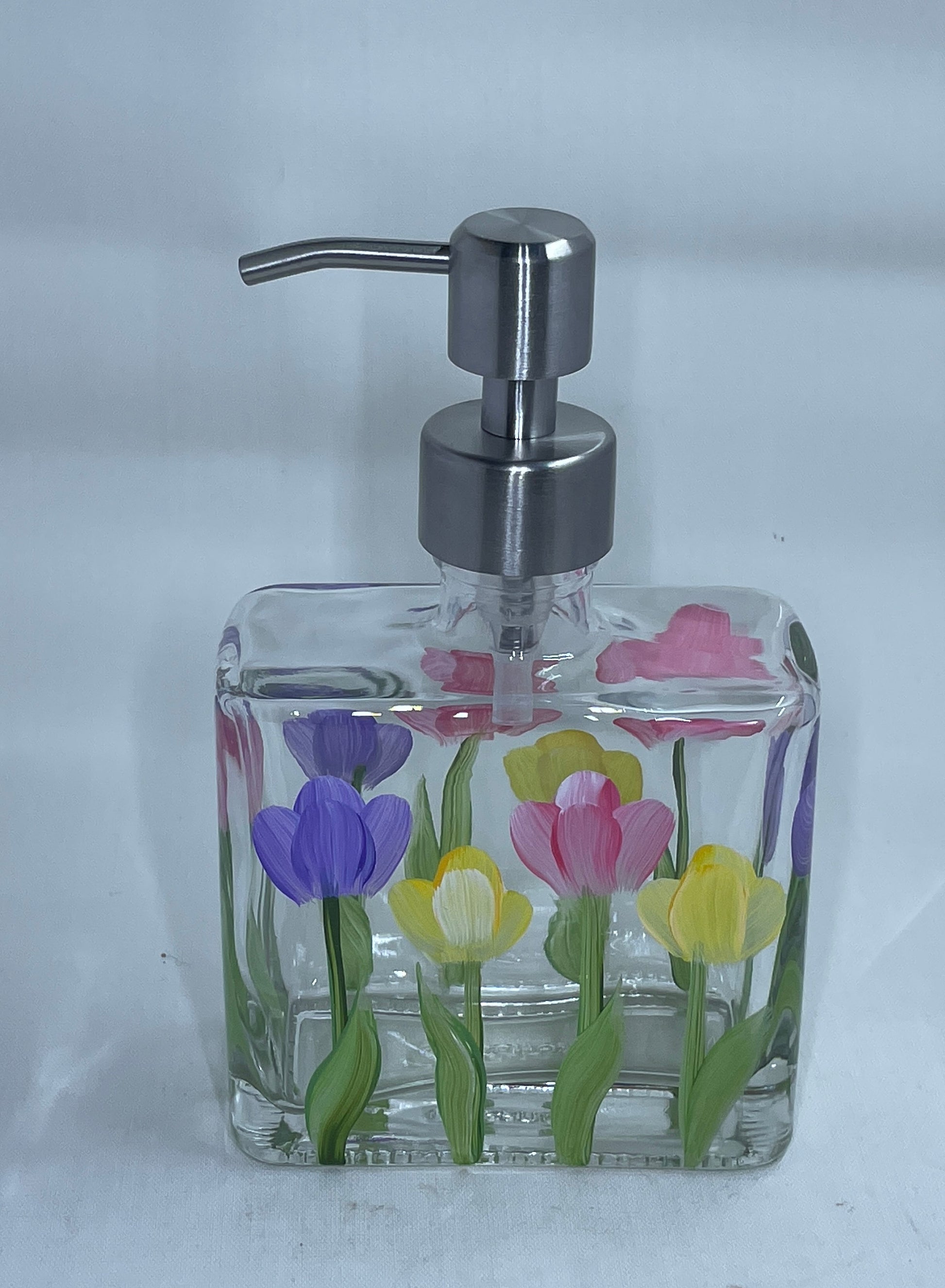 Tulips Soap Dispenser Hand Painted with Pink, Purple and Yellow flowers Hand Painted Stainless Steel or Plastic pump