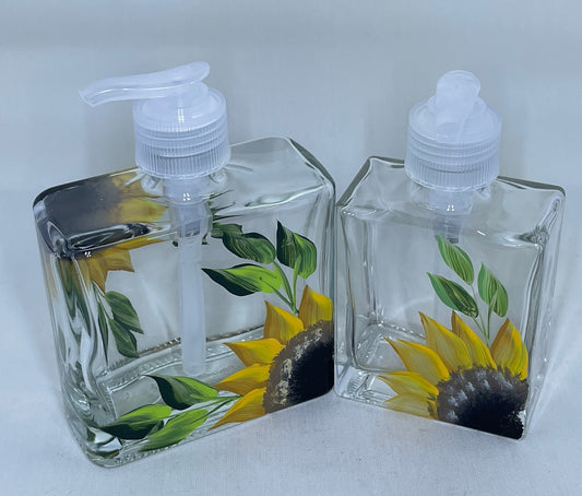 Gift set with two Sunflower Soap Dispenser or Lotion Dispenser one 8.5 oz dispenser and one 5 oz dispenser with plastic or stainless pumps