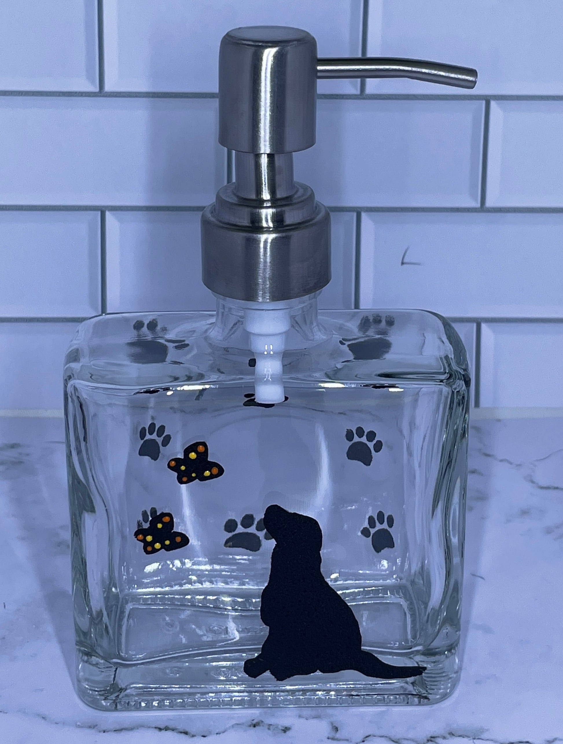 Dog with butterflies Soap Dispenser Refillable Bottle, Glass Bathroom Kitchen hand painted