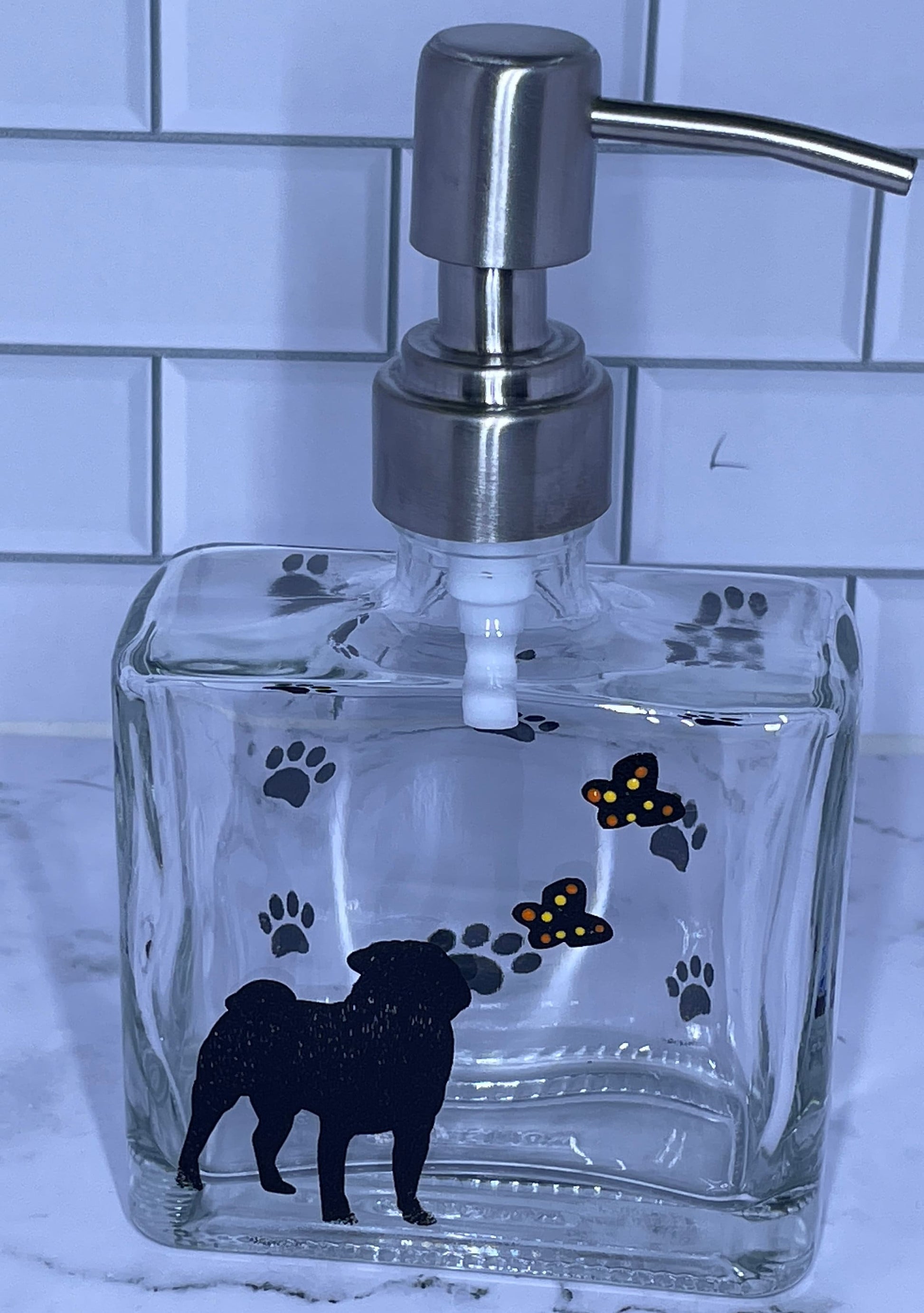 Pug with butterflies Soap Dispenser Refillable Bottle, Glass Bathroom Kitchen hand painted