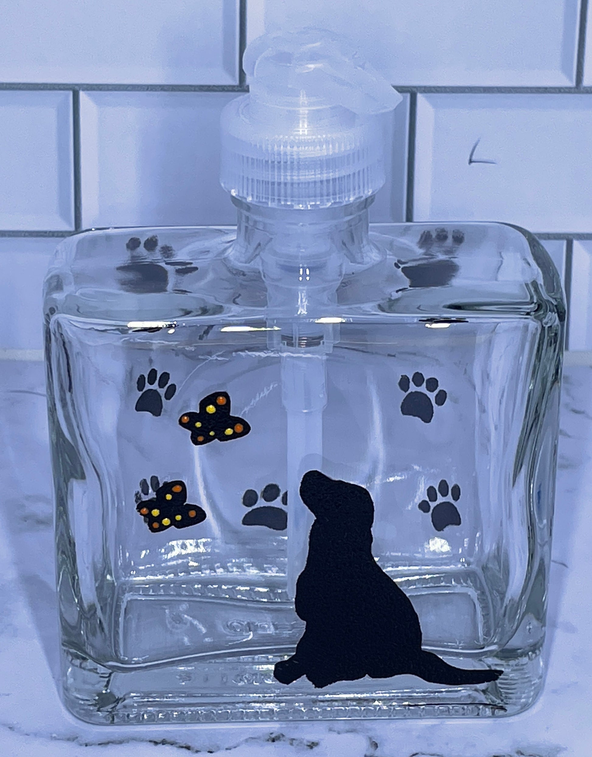 Dog with butterflies Soap Dispenser Refillable Bottle, Glass Bathroom Kitchen hand painted