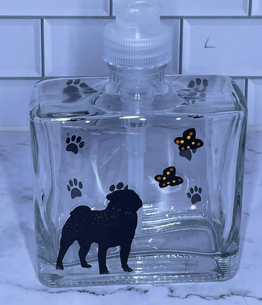 Pug with butterflies Soap Dispenser Refillable Bottle, Glass Bathroom Kitchen hand painted