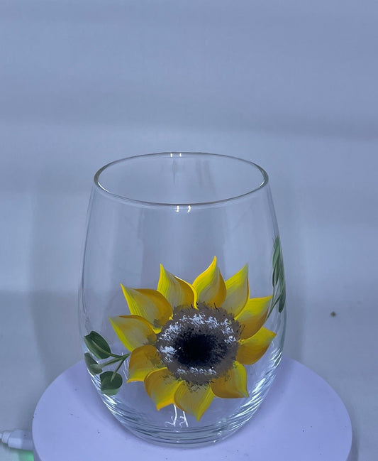 Single Sunflower 15oz.stemless wine glass single sunflower flower on front of glass hand painted