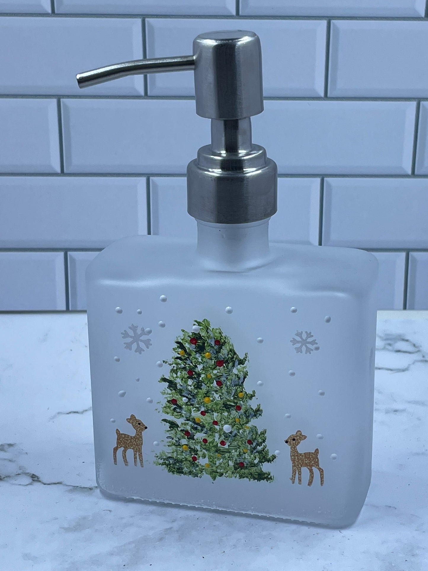 Reindeer with Christmas Tree Soap Dispenser Hand Painted Holiday decor frosted dispenser