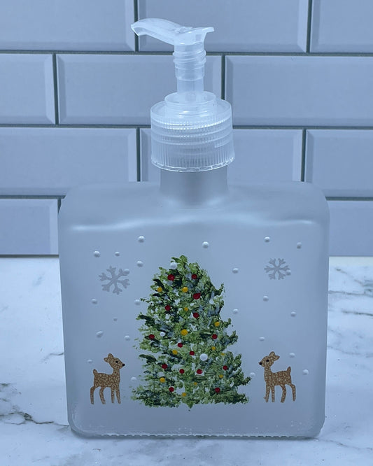 Reindeer with Christmas Tree Soap Dispenser Hand Painted Holiday decor frosted dispenser