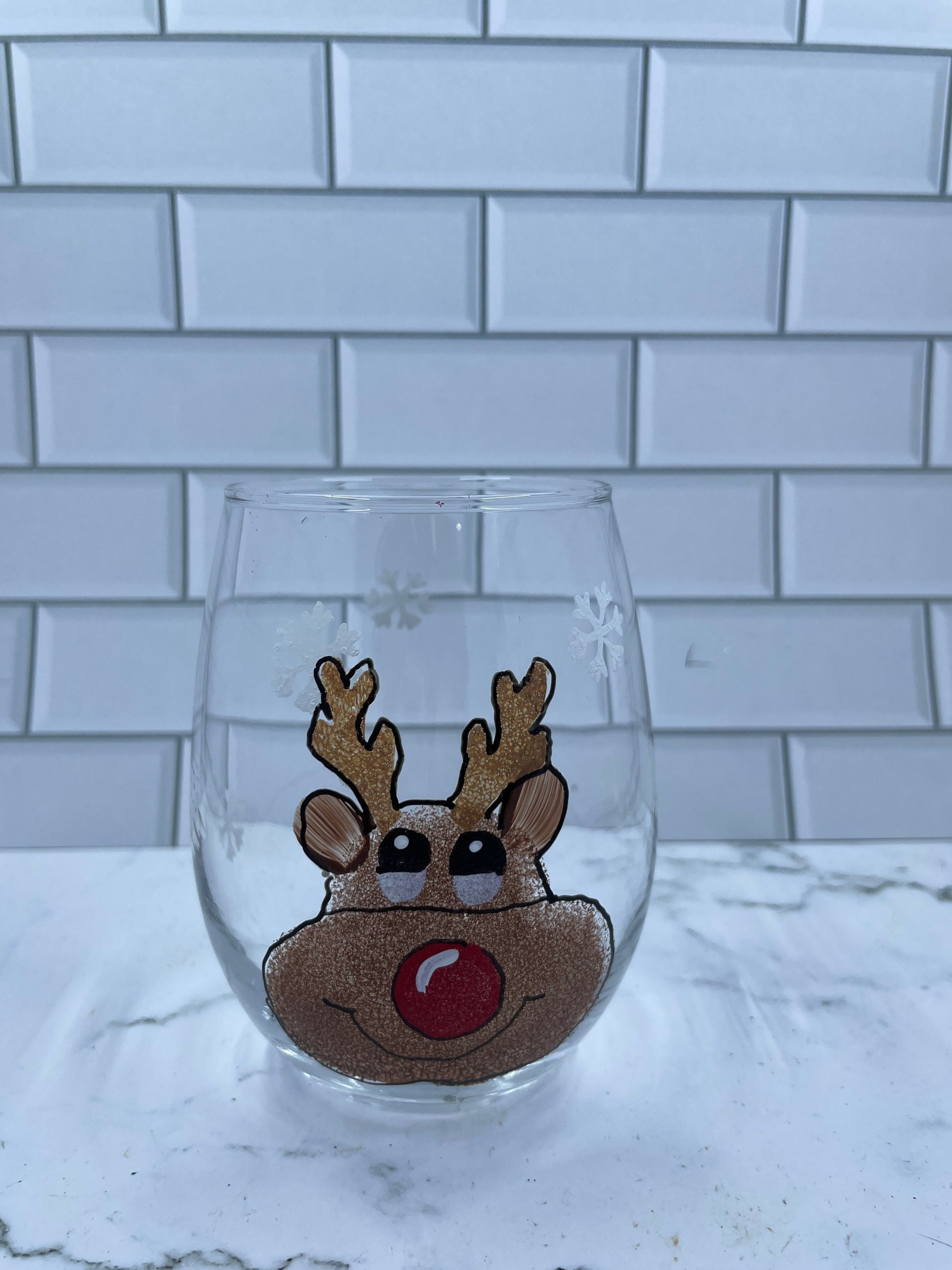 Hand Painted Reindeer stemless wine glass tumbler 15 oz