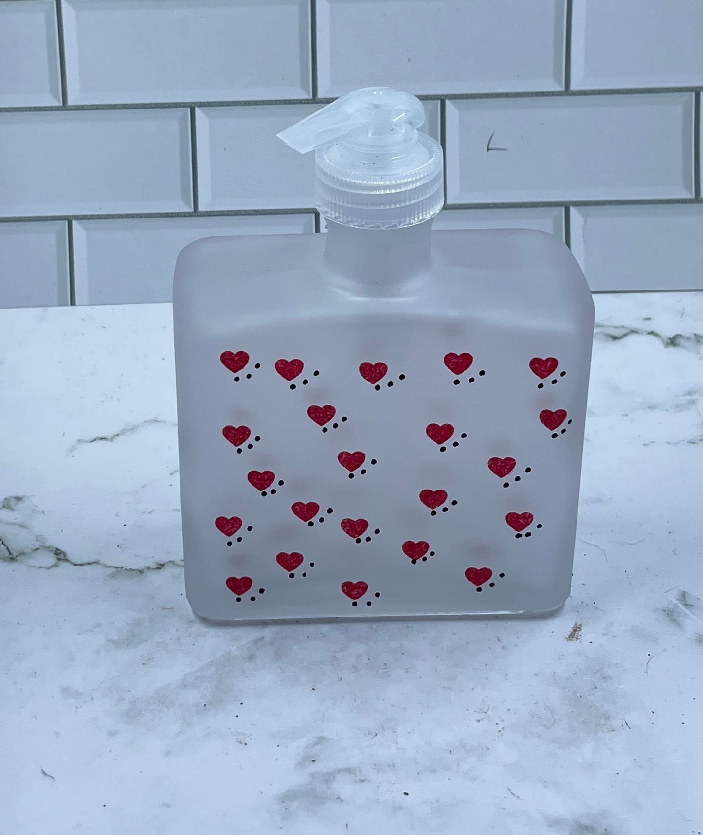 Valentines soap or lotion frosted dispenser tiny red hearts and black dots