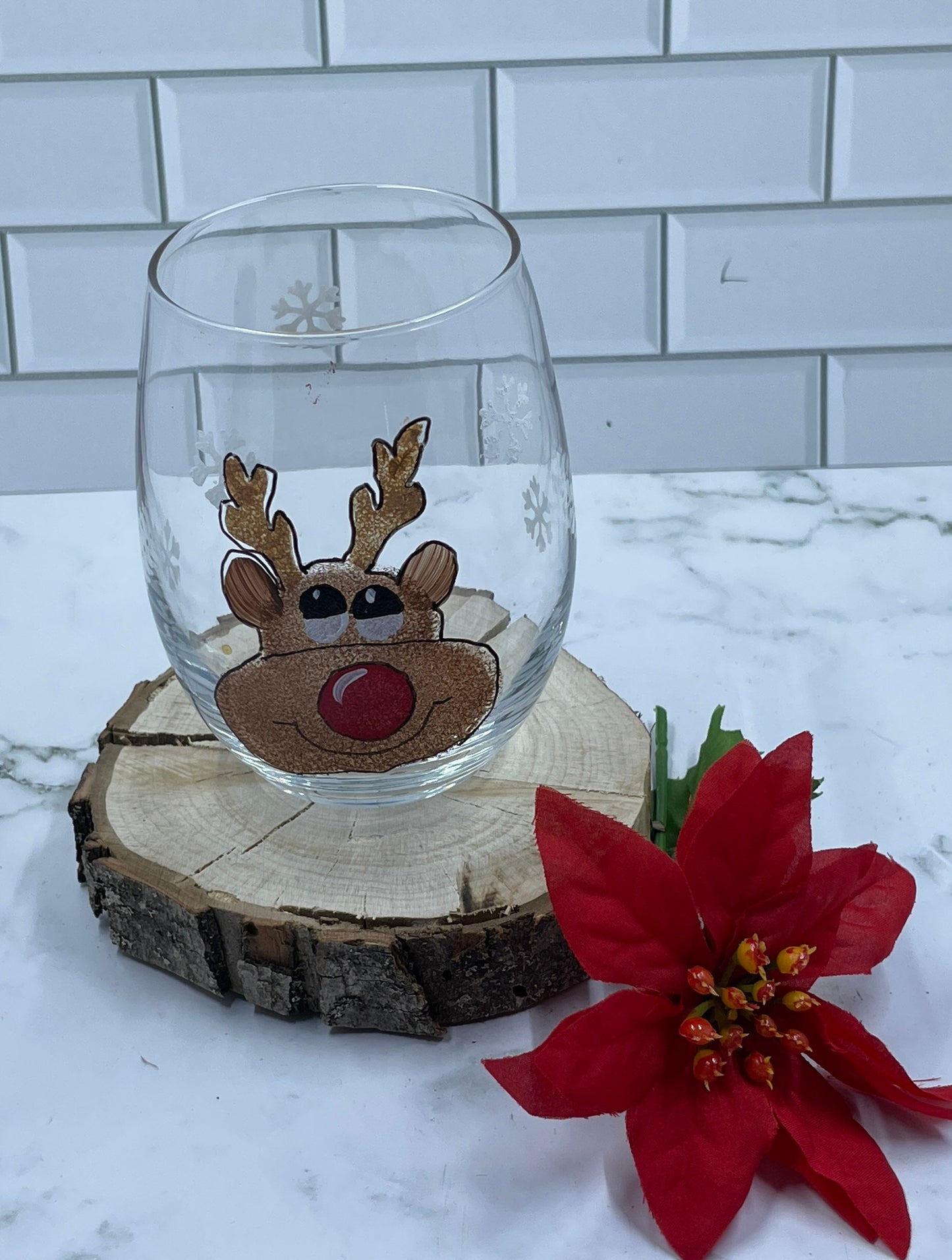 Hand Painted Reindeer stemless wine glass tumbler 15 oz