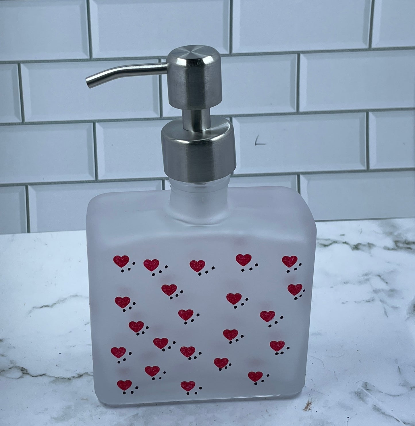 Valentines soap or lotion frosted dispenser tiny red hearts and black dots