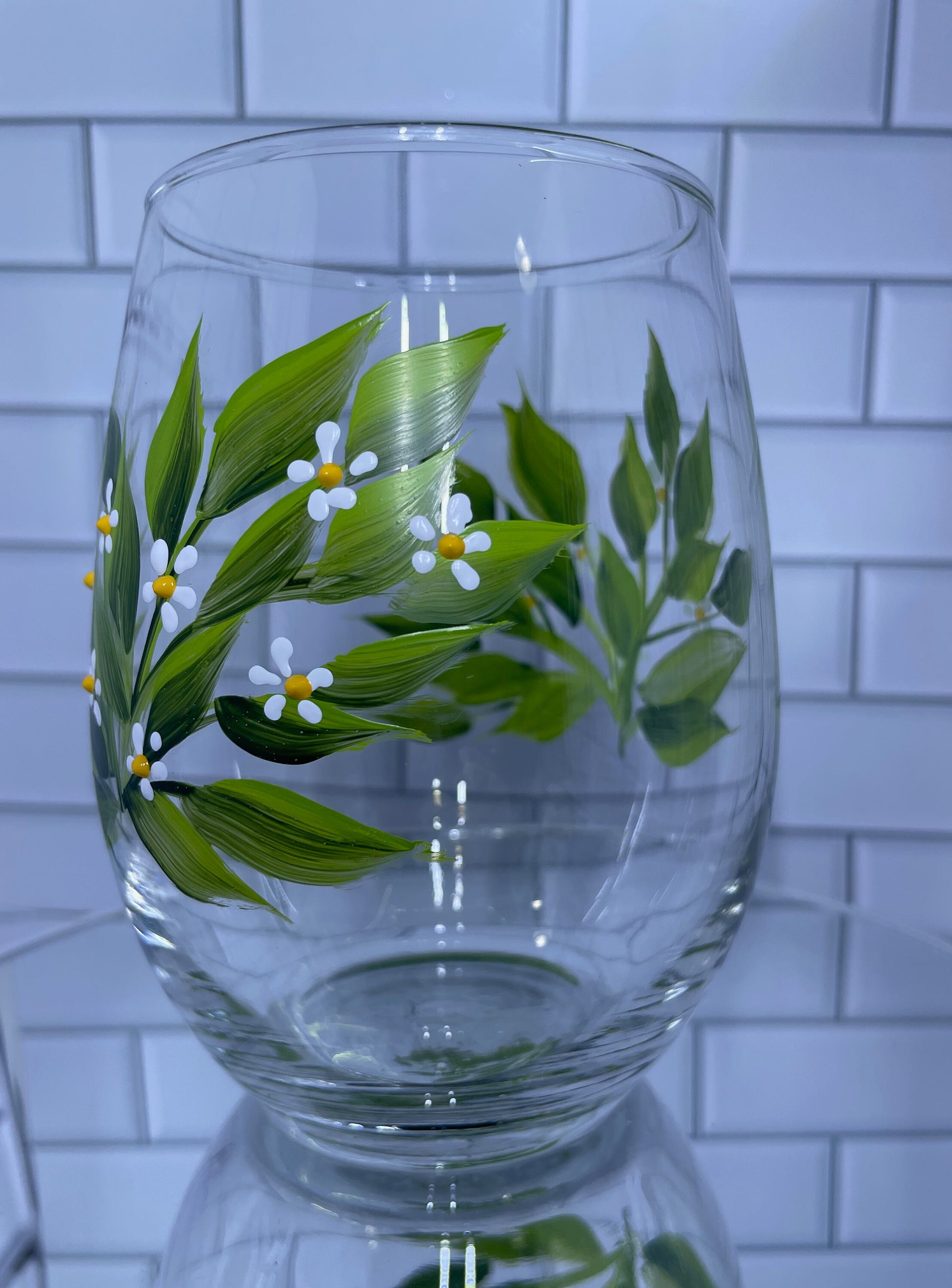 White flower hand painted stemless wine glass 15 oz