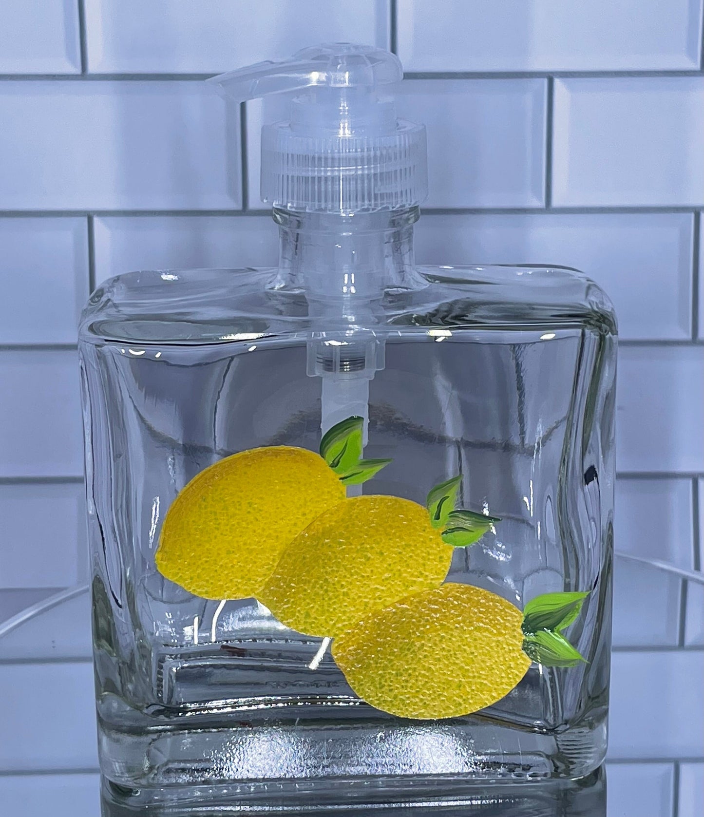 Lemon Soap Dispenser 8 oz, hand painted glass dispenser with pump