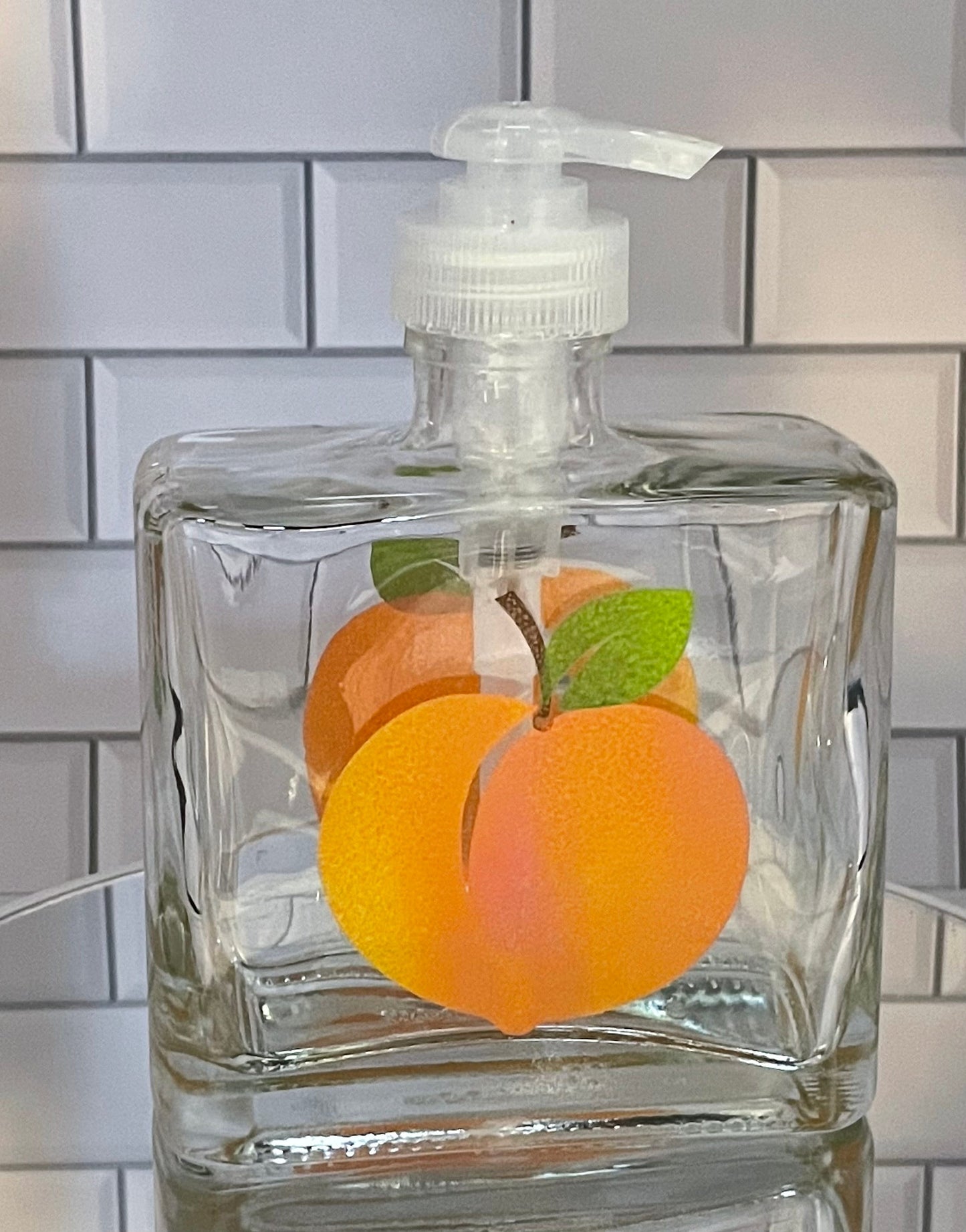 Peach Soap Dispenser. Peach painted on both sides Hand Painted Bath or Kitchen decor refillable glass dispenser