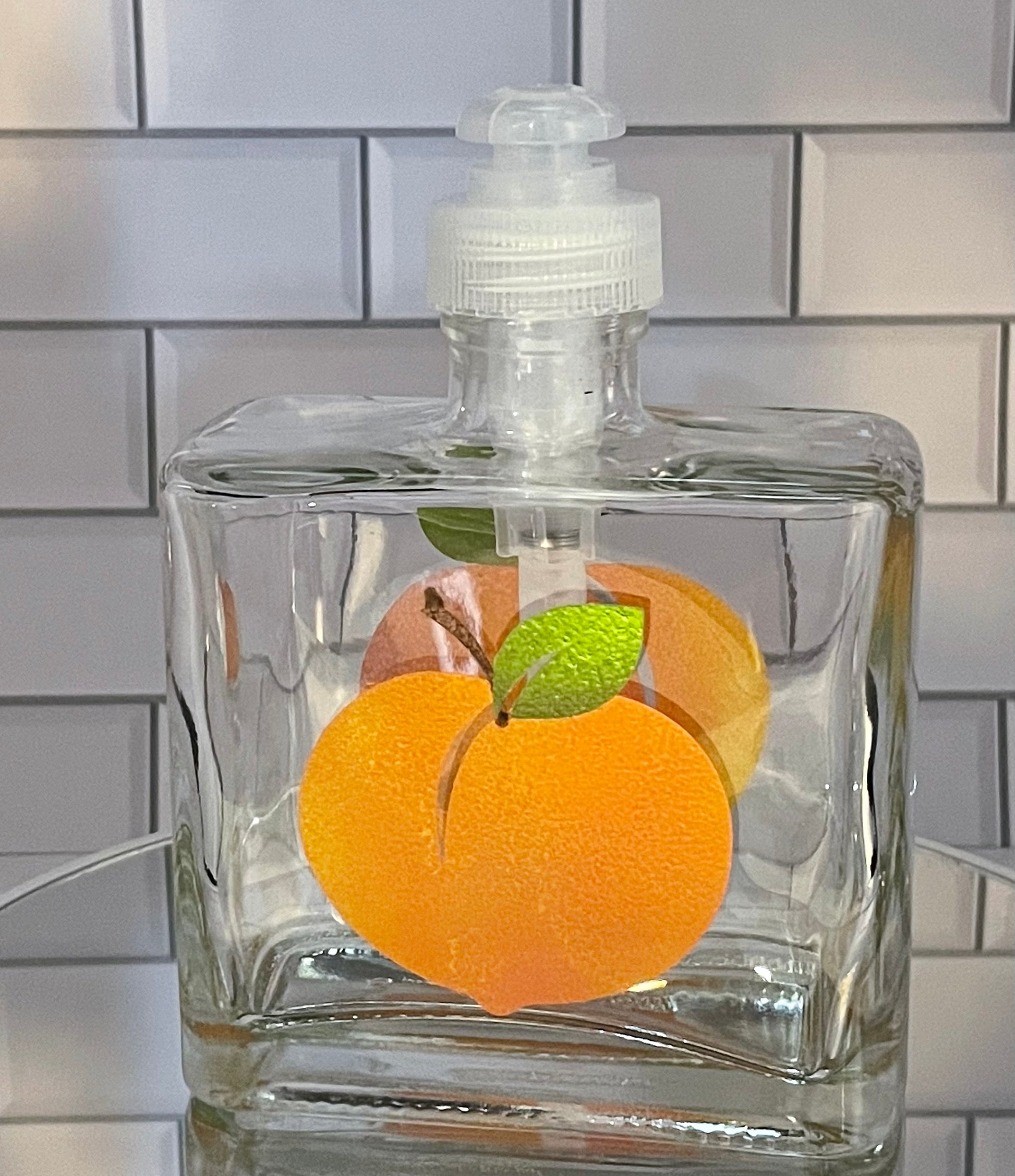 Peach Soap Dispenser. Peach painted on both sides Hand Painted Bath or Kitchen decor refillable glass dispenser