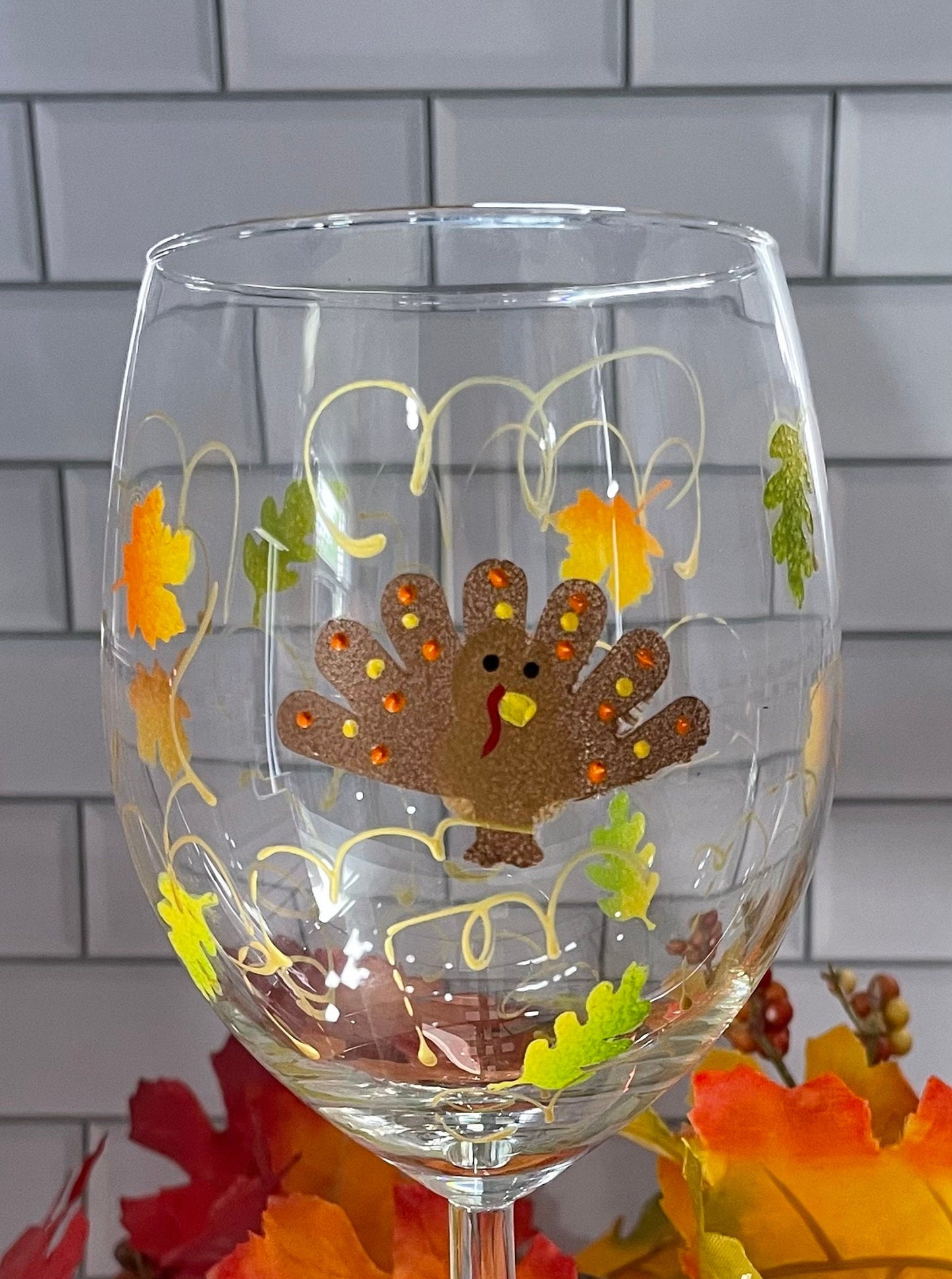 Set of 4 or 6 Thanksgiving Turkey Wine Glass Great addition to your fall decor