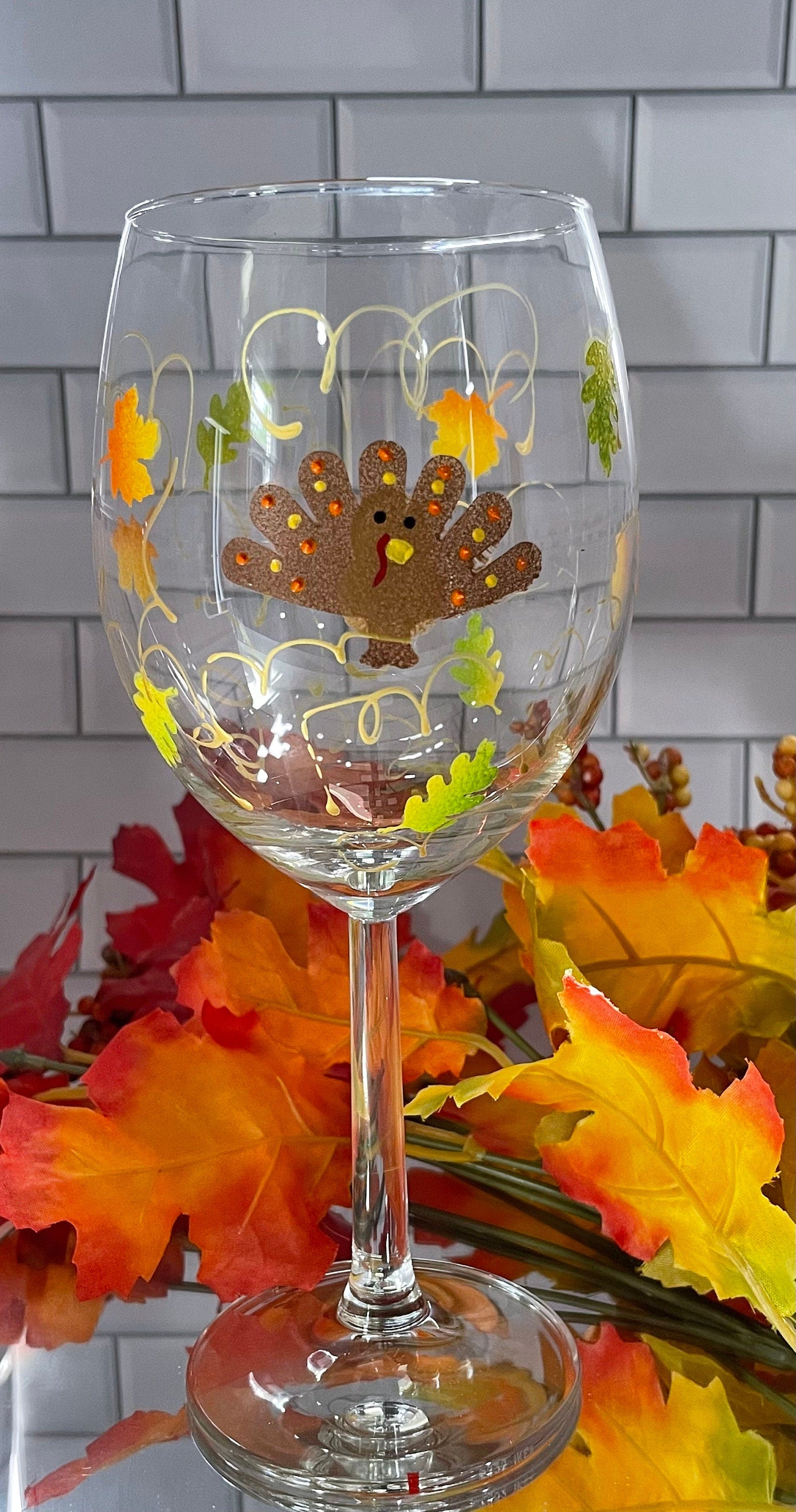 Set of 4 or 6 Thanksgiving Turkey Wine Glass Great addition to your fall decor