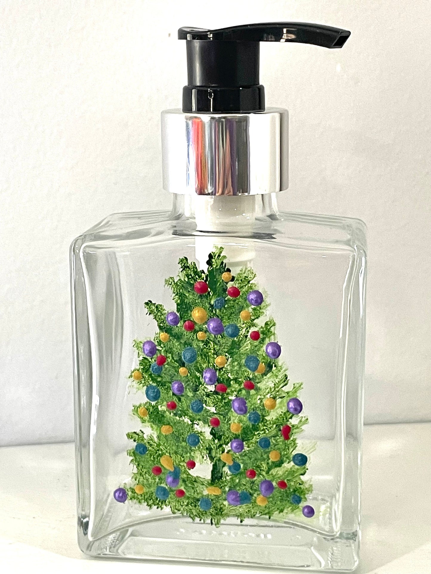 Christmas Tree 6 0z. Soap or lotion dispenser hand painted with multi-color decorations